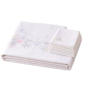 Vintage Embroidered Floral Tablecloth & 8 Napkins Set Cotton Hecht’s Cottagecore